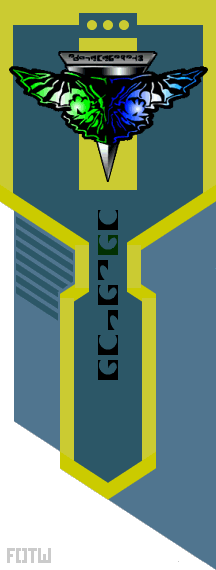 [assymetric vertical banner, in two shades of dull
gray-green, bordered in dark yellow]